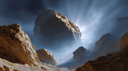 Dramatic alien planet landscape with large asteroids glowing light rays and atmospheric mist