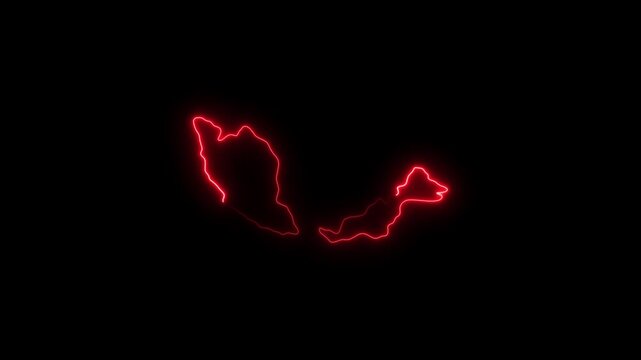 Vivid red neon outline of the map of Malaysia illuminated against a black backdrop glowing