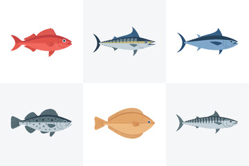 Outline color icons for river fish, illustrating various species, representing edible seafood and commercial fishing catches,