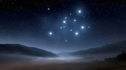 Fototapeta premium A prominent star cluster shines brightly in a vast dark night sky above serene misty mountain peaks