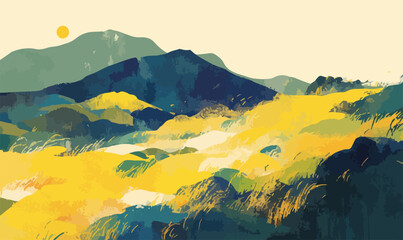 Abstrakcyjny krajobraz g&oacute;rski o zachodzie słońca z żywymi kolorami i malarskim stylem.