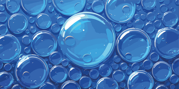 Niebieskie bąbelki wody w zbliżeniu, tworzące abstrakcyjny wz&oacute;r z r&oacute;żnymi rozmiarami kulek.