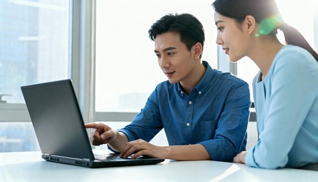 Man points at laptop screen with woman looking on, office setting