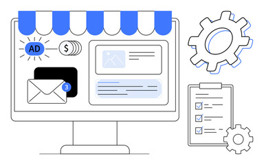 Computer monitor with store awning, email, ad block, cash coins, checklist, and gears. Ideal for e-commerce, digital marketing, advertising online tools workflow analytics simple flat metaphor