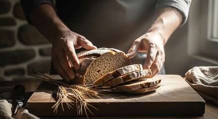 Man slicing loaf of bread on a wooden cutting board in natural lighting