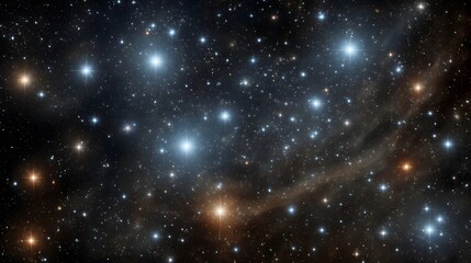 Fototapeta premium A breathtaking view of a dense star cluster illuminated by bright celestial bodies and wisps of cosmic dust and nebulae against a dark background