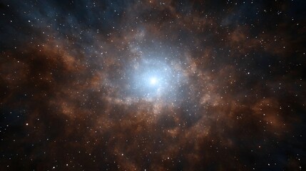 A luminous spiral galaxy with swirling cosmic dust and countless stars set against the deep expanse of the universe