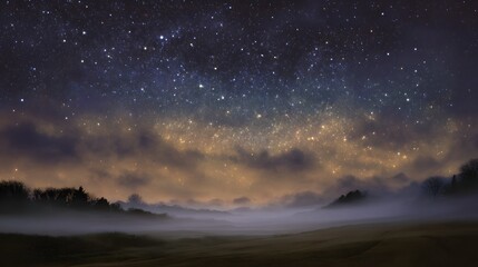 Fototapeta premium A celestial panorama of a starry night sky above a mist covered landscape with silhouetted trees and rolling hills
