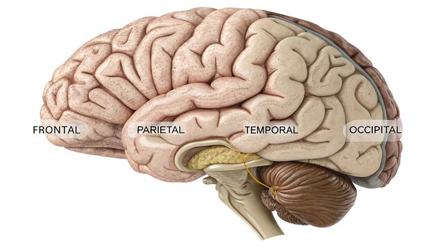 Lateral view of human brain lobes with labels
