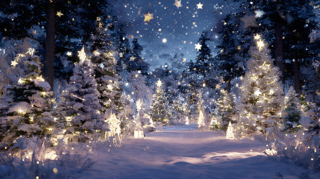 Snowy forest filled with Christmas trees adorned with garlands, twinkling stars, and festive decorations at twilight, magical winter night.