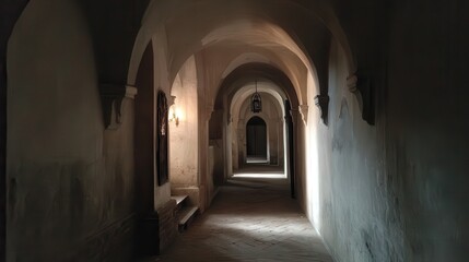 Exploring the ancient corridors of a historic castle with stone walls and soft lighting highlighting architectural details