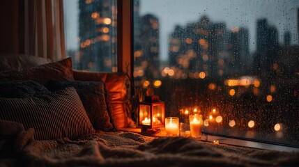 Cozy bedroom features candlelight and a rainy cityscape in the background creating a peaceful atmosphere at dusk