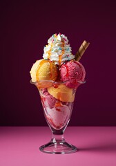 A vibrant, irresistible ice cream sundae, generously layered with rich scoops, sweet syrup, fluffy whipped cream, and a colorful topping, presented beautifully ,ice cream ,bowl ,refreshing