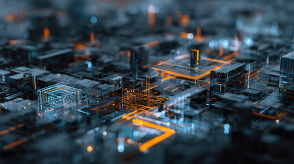 Futuristic cityscape with neon lights and digital data streams