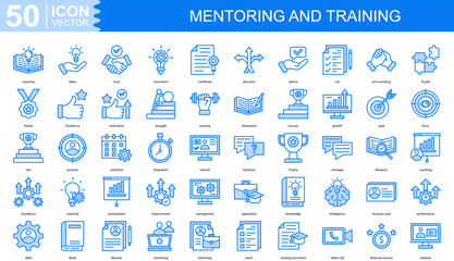 Mentoring and Training icon collection set. Containing Learning, ideas, trust, innovation, Certificate, direction icon
