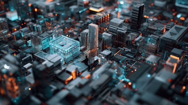 Futuristic cityscape with glowing digital structures and neon lights