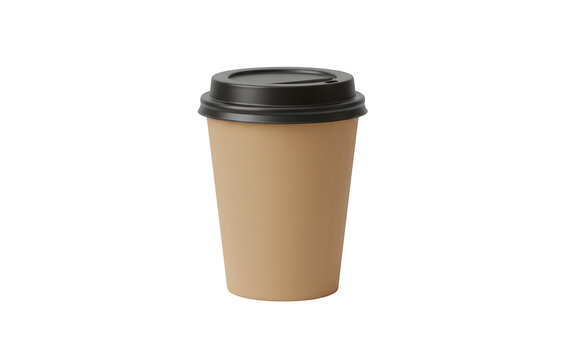 An empty craft paper coffee cup with a black plastic lid, set against a white background. 3D rendering.

