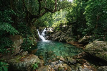 Tranquil Waterfall and Emerald Pool in Lush Green Tropical Forest