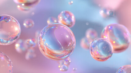 Iridescent bubbles floating in a dreamy pastel background