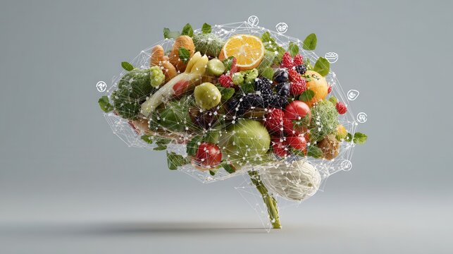 Digital concept showing a human brain filled with various fruits and vegetables showcasing the link between nutrition and cognitive health