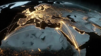 Animated digital network map displaying strategic military connections across Europe and North Africa at night