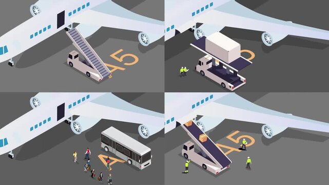 Set of Airport Ground Operations Scenes Showing Passenger Boarding, Baggage Handling, and Cargo Loading to Airplane 3d animation cartoon
