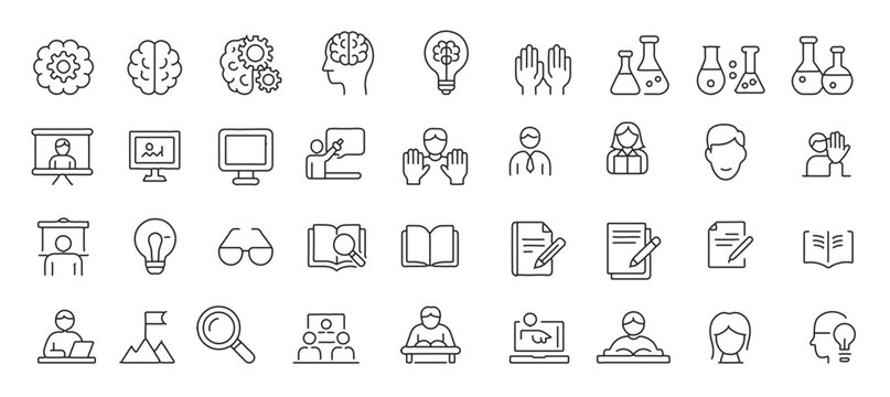 Education and Science Line Icons Set &ndash; Outline Vector Pack with School, Learning, Research, Knowledge, Laboratory, Teacher, Student, and Innovation Symbols for Education Apps, Websites, and Infographi