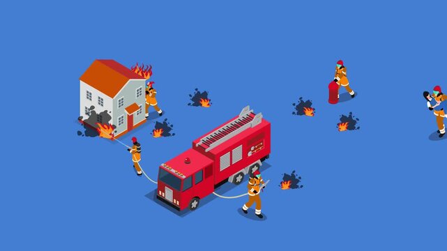 Firefighters Extinguishing House Fire with Fire Truck and Water Hoses 3d animation cartoon