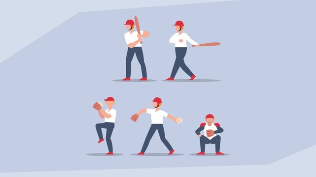 Set of Baseball Players in Different Positions for Hitting, Pitching, and Catching cartoon animation