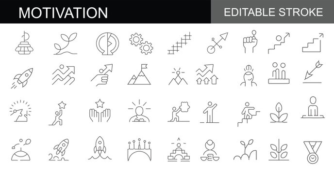 Motivation line icon set. Positive, challenge, teamwork, personal growth, etc. Editable stroke. Vector illustration