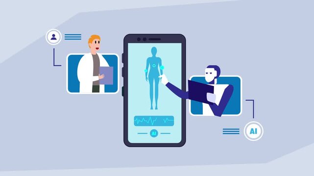 Artificial Intelligence in Medicine: Doctor and AI Robot Collaborating on Digital Health Diagnosis via Mobile App cartoon animation