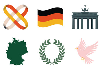 Flat vector icons for country, featuring flag, map, Berlin Gate, representing German culture and landmarks,