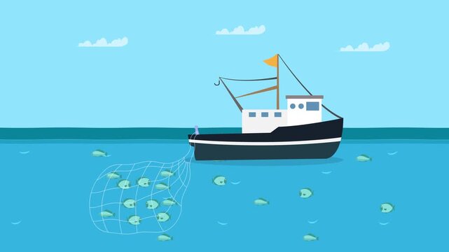 Fishing Boat Trawling in the Ocean with a Net Full of Fish cartoon animation