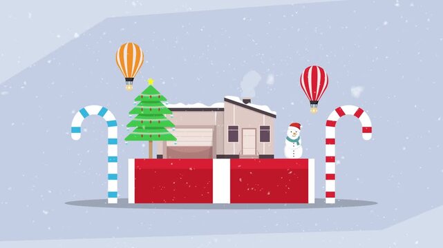 Whimsical Christmas or Holiday Scene with House, Tree, Snowman, Candy Canes, and Hot Air Balloons cartoon animation