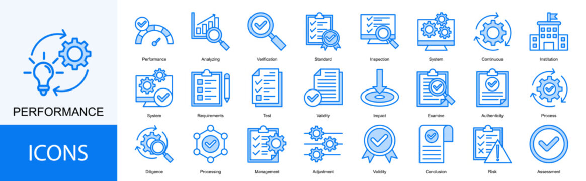 performance icon collection set. Containing Analyzing, Verification, Standard, Inspection, System, Continuous icon