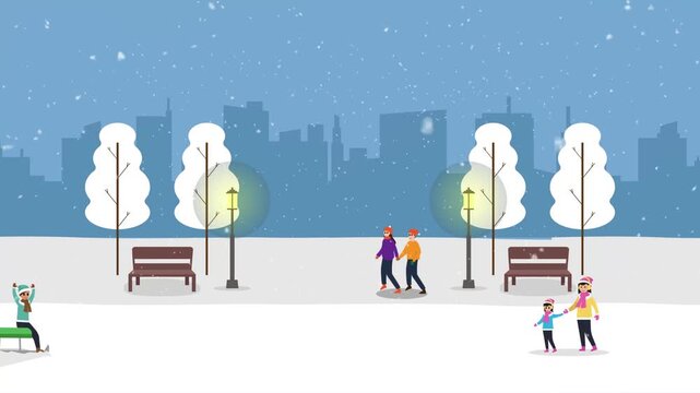 People Walking and Enjoying a Snowy Day in a City Park during Winter cartoon animation