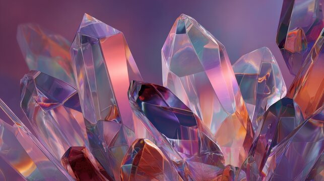 Vibrant cluster of iridescent crystals refracting pink and purple light against a soft background.