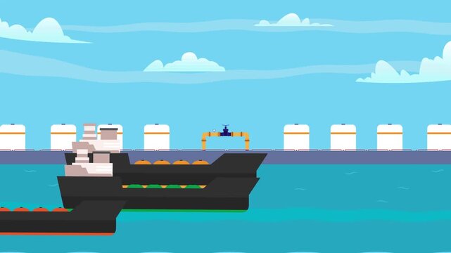 Oil or LNG Tanker Ship Docked at Port for Loading and Unloading with Storage Tanks and Pipeline cartoon animation