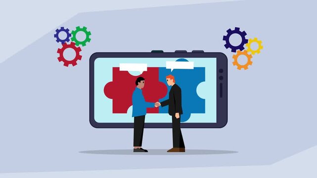 Online Business Partnership and Agreement Concept with Two Men Shaking Hands Over a Mobile Screen with Puzzle Pieces cartoon animation