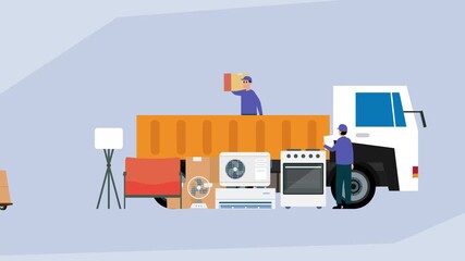 Delivery Workers Unloading or Loading Furniture and Appliances from a Truck for Moving Services cartoon animation