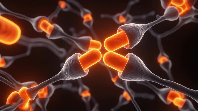 Microscopic view of synaptic vesicles releasing neurotransmitters