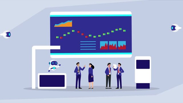Financial Team and Robot Analyzing Stock Market Data and AI Trading Charts on Large Screen cartoon animation