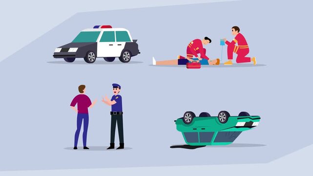 Set of Emergency and Public Safety Concepts Including Police, Paramedics, and Vehicle Accident cartoon animation