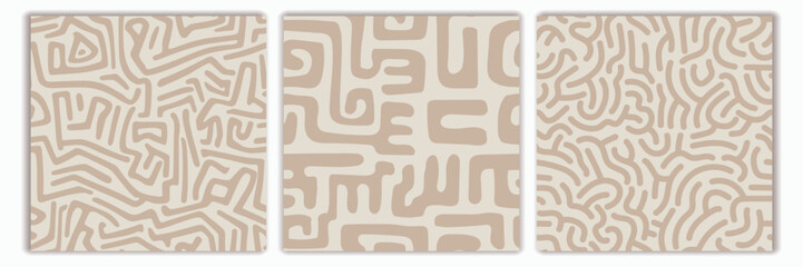 Set of seamless patterns, abstract doodles, curls, maze, hand drawing, vector design