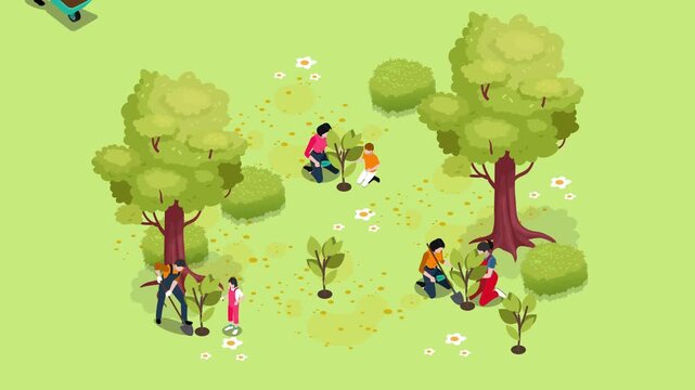 Isometric People and Families Planting Trees and Caring for the Environment in a Park 3d animation cartoon