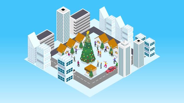 Isometric City Landscape with Giant Christmas Tree and People Celebrating the Holiday Season 3d animation cartoon