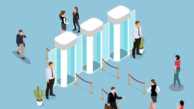 Isometric Security Turnstiles with Business People Waiting in Line for Access and Identity Verification 3d animation cartoon