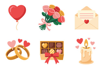 Outline color icons for romantic theme, illustrating rings, bouquet, hearts, representing marriage and Valentine's Day symbols,