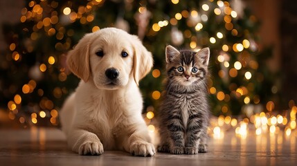 Cute dog and kitten sitting by a glowing Christmas tree with warm bokeh lights cozy holiday pet portrait for festive greeting cards seasonal decor and social media designs