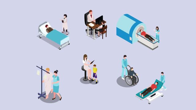 Set of Isometric Hospital and Healthcare Scenes Showing Patient Care, Medical Examination, and MRI Diagnostics 3d animation cartoon